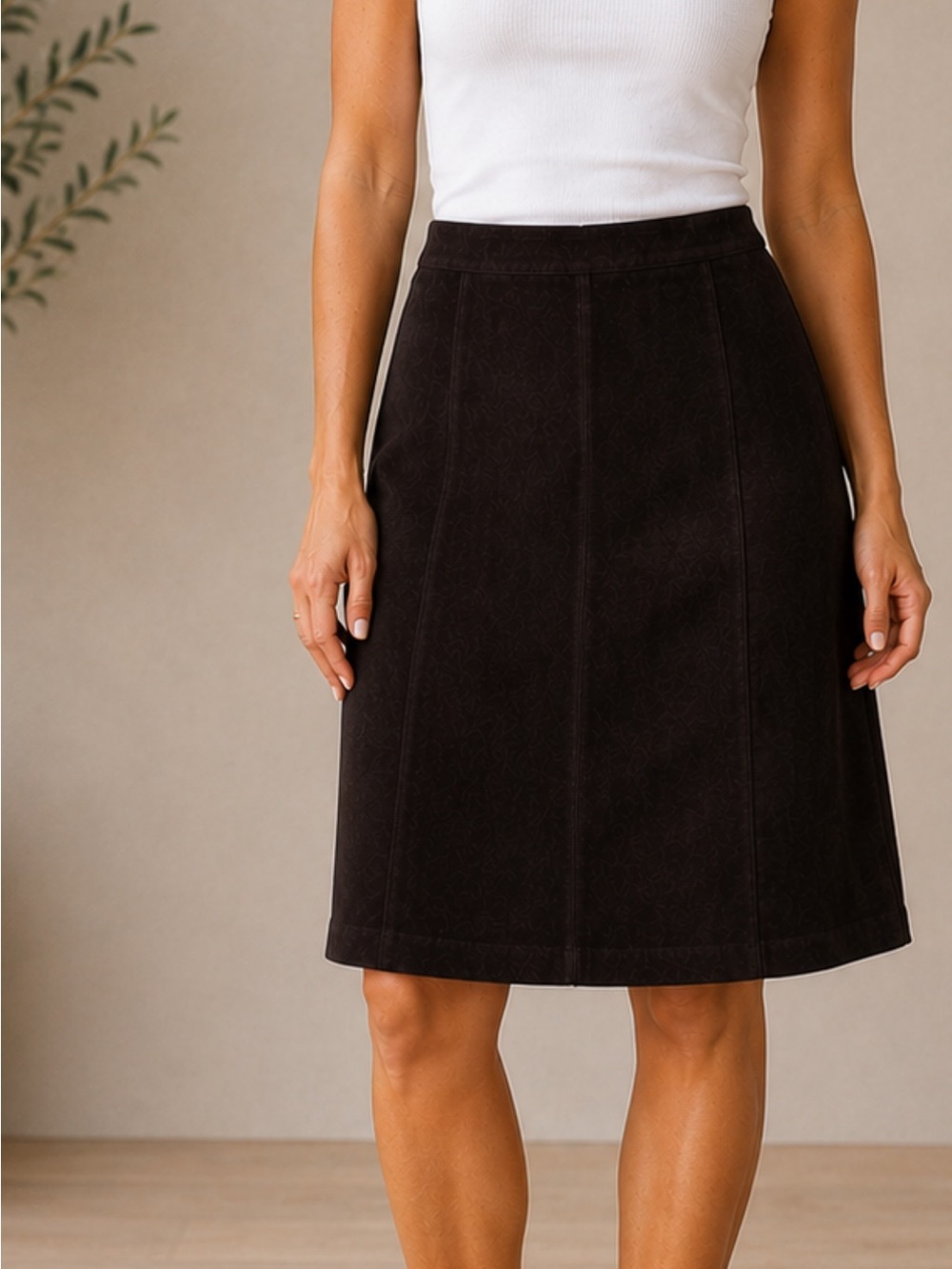 Requirements Black A-Line Skirt Suede feel
Large 
Waist 34”. 
Length 29”